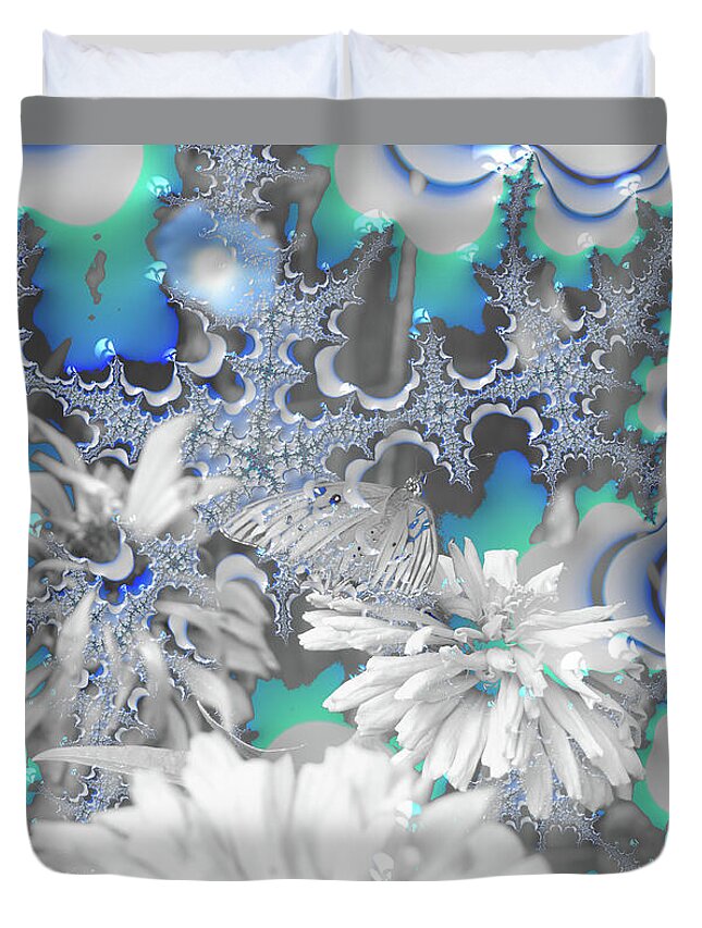 White Flowers with Bubbly Whites, Teals and Blues - Duvet Cover