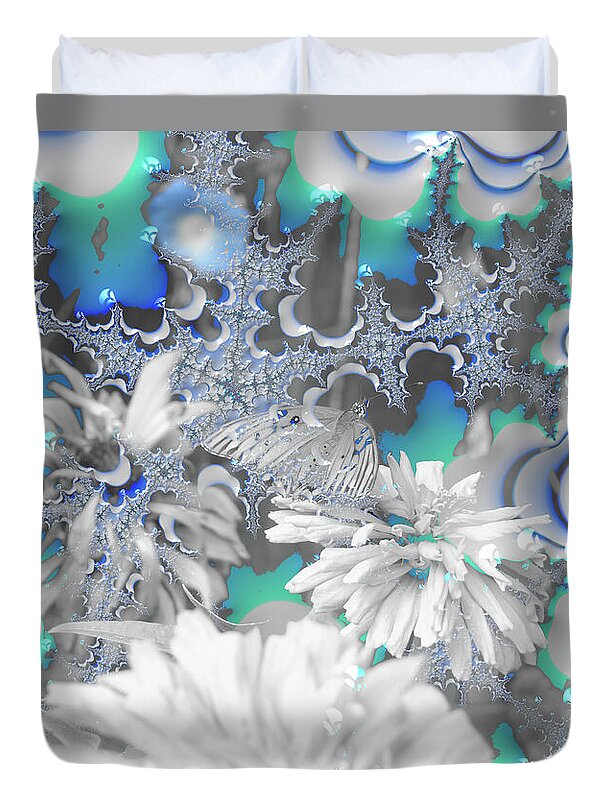 White Flowers with Bubbly Whites, Teals and Blues - Duvet Cover