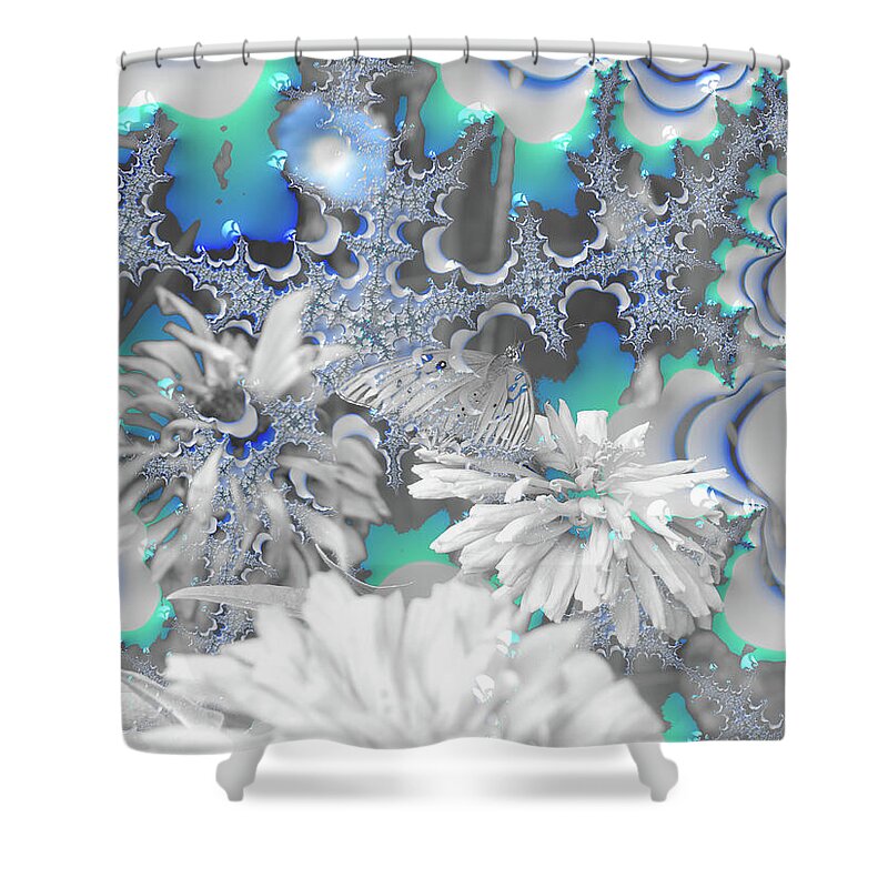 White Flowers with Bubbly Whites, Teals and Blues - Shower Curtain