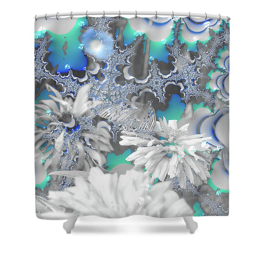 White Flowers with Bubbly Whites, Teals and Blues - Shower Curtain