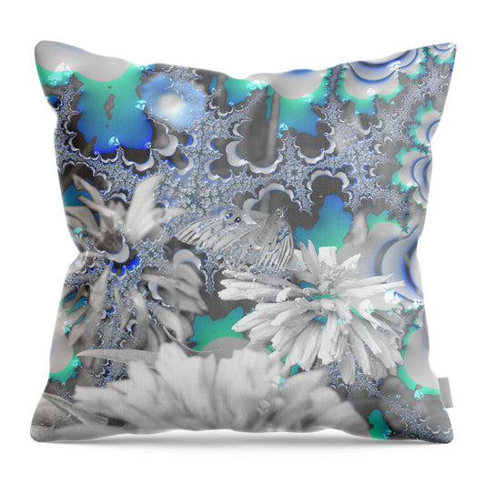 White Flowers with Bubbly Whites, Teals and Blues - Throw Pillow