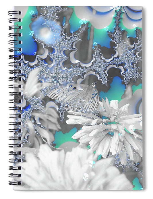 White Flowers with Bubbly Whites, Teals and Blues - Spiral Notebook