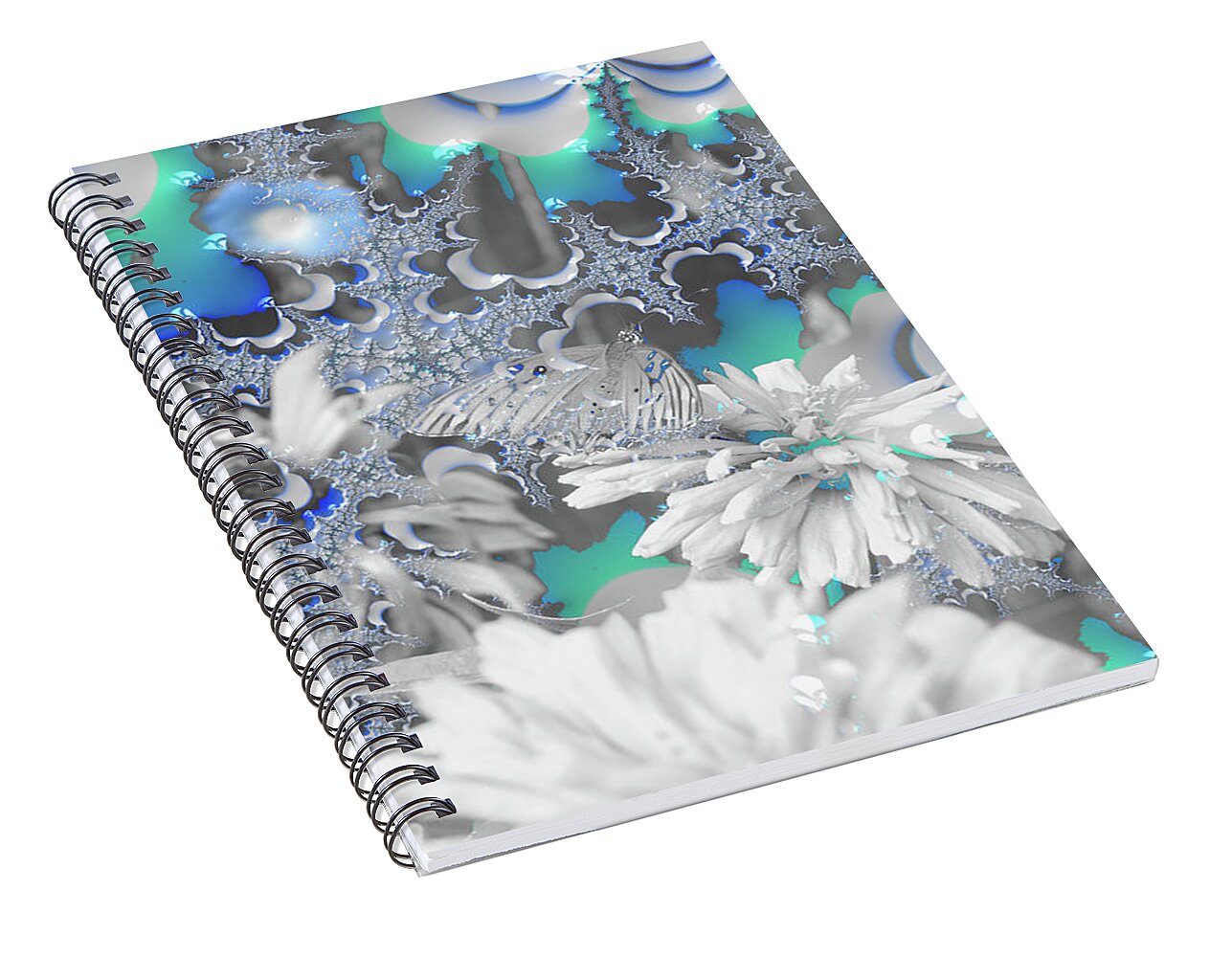 White Flowers with Bubbly Whites, Teals and Blues - Spiral Notebook