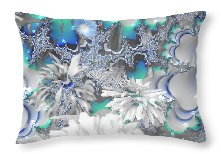 White Flowers with Bubbly Whites, Teals and Blues - Throw Pillow