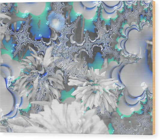 White Flowers with Bubbly Whites, Teals and Blues - Wood Print