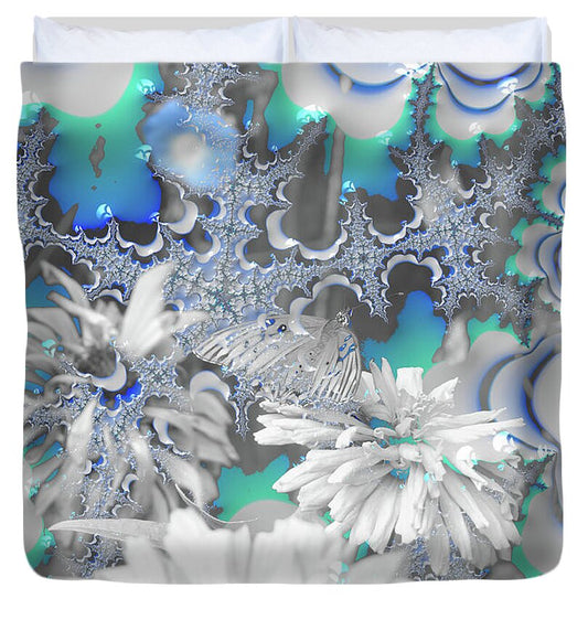 White Flowers with Bubbly Whites, Teals and Blues - Duvet Cover