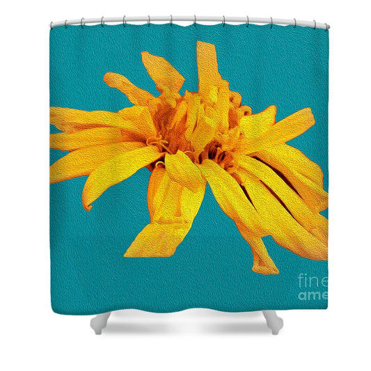 Yellow Artistic Flower and Blue Background - Shower Curtain