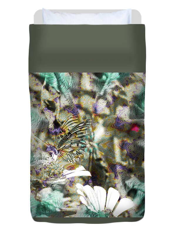 Yellow Butterfly and Teal Waves Overlay - Duvet Cover