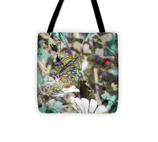 Yellow Butterfly and Teal Waves Overlay - Tote Bag