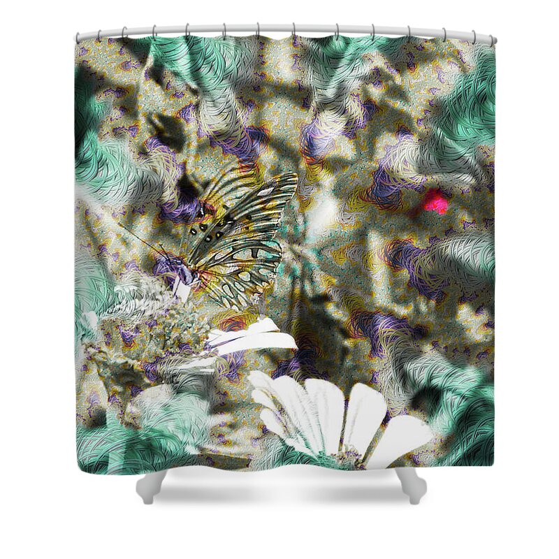 Yellow Butterfly and Teal Waves Overlay - Shower Curtain