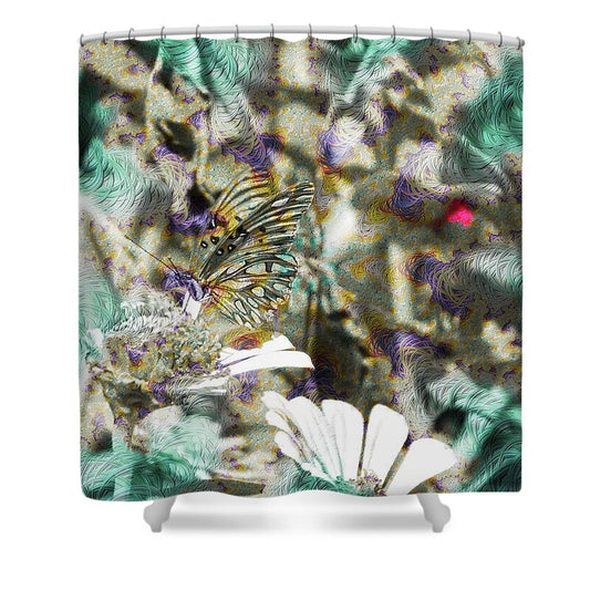 Yellow Butterfly and Teal Waves Overlay - Shower Curtain