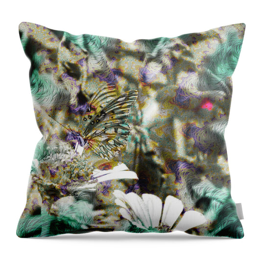 Yellow Butterfly and Teal Waves Overlay - Throw Pillow