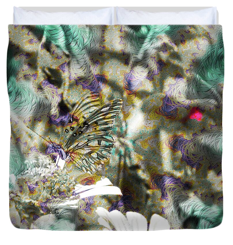 Yellow Butterfly and Teal Waves Overlay - Duvet Cover