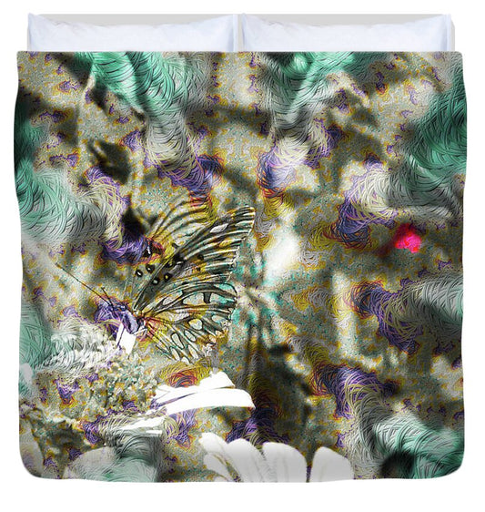 Yellow Butterfly and Teal Waves Overlay - Duvet Cover