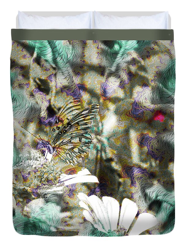Yellow Butterfly and Teal Waves Overlay - Duvet Cover