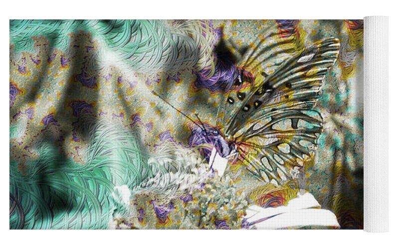 Yellow Butterfly and Teal Waves Overlay - Yoga Mat