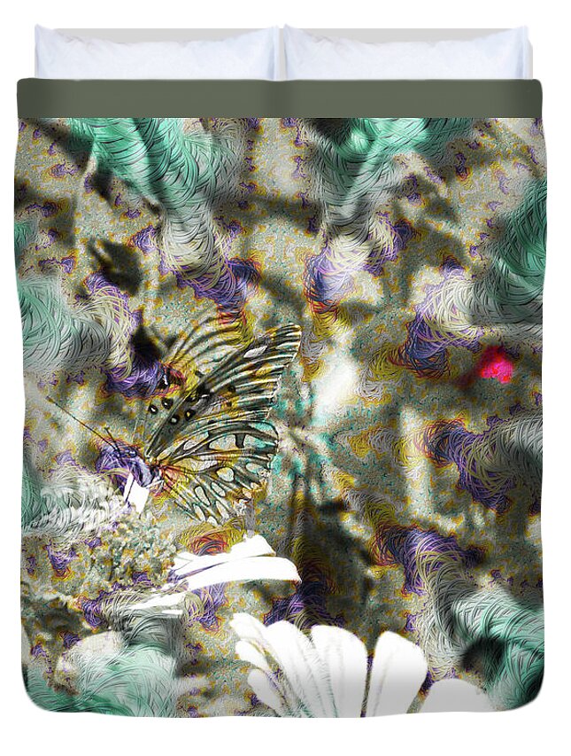 Yellow Butterfly and Teal Waves Overlay - Duvet Cover