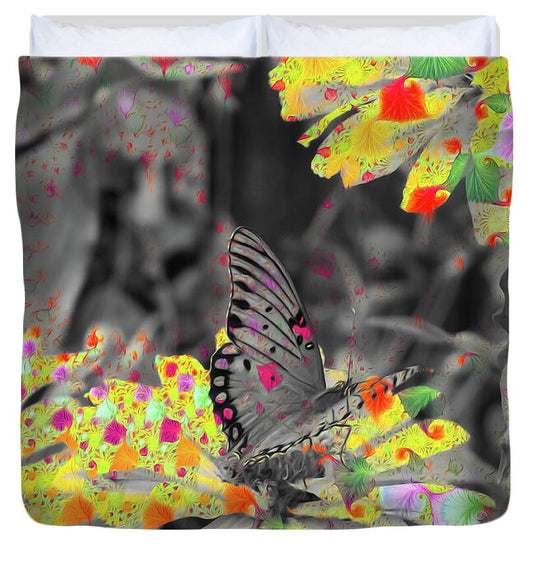 Yellows and Reds Abstract Overlay Colorless Butterfly - Duvet Cover