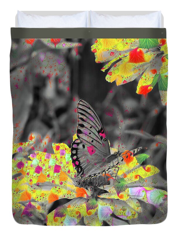 Yellows and Reds Abstract Overlay Colorless Butterfly - Duvet Cover